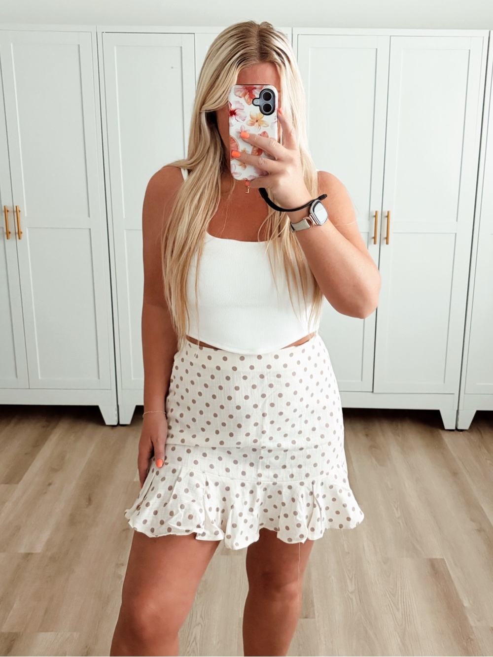 🆕 NWT cream and brown polka dot high waisted mini skirt